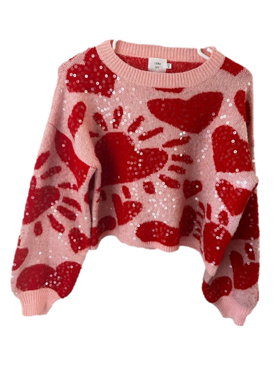 Luna Ivy Sweaters - Women's Luna Ivy Pink Red Hearts Sequin Crew Neck Sweater XS